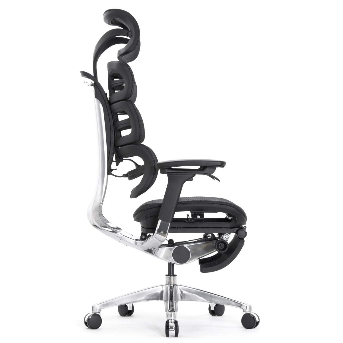 Эргономичное кресло Falto Evolution с подножкой (тихие вставки, управление на подлокотниках, сетка, чёрный)