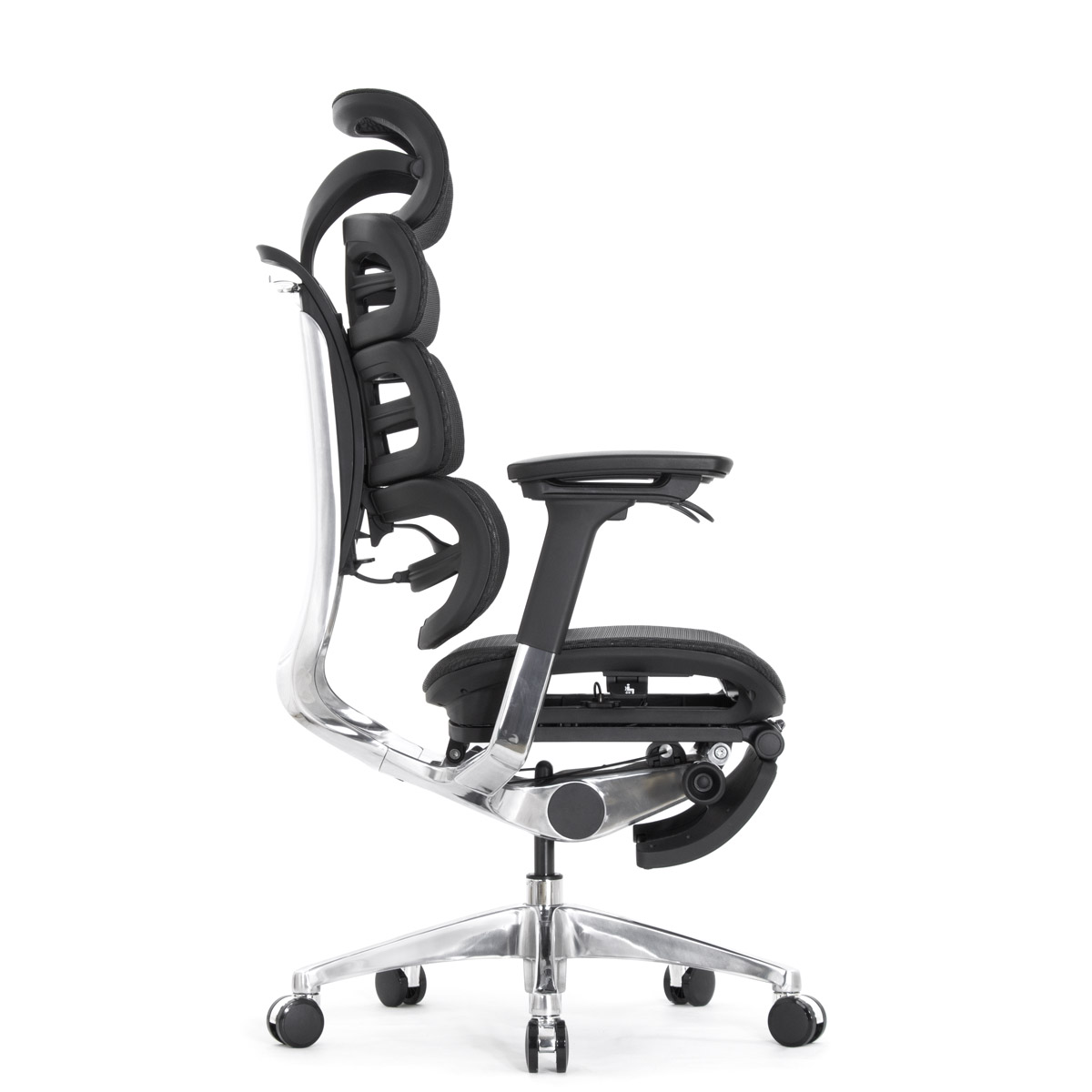 Эргономичное кресло Falto Evolution с подножкой (тихие вставки, управление на подлокотниках, сетка, чёрный)