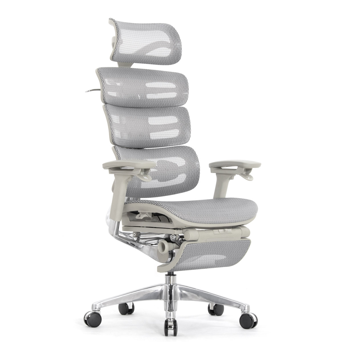 Эргономичное кресло Falto Evolution с подножкой (тихие вставки, управление на подлокотниках, сетка, серый)