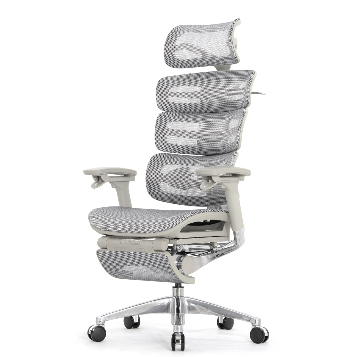 Эргономичное кресло Falto Evolution с подножкой (тихие вставки, управление на подлокотниках, сетка, серый)
