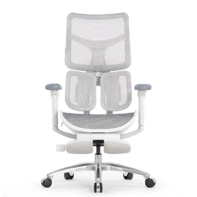 Эргономичное кресло Falto Scala Office с подножкой (разделённый поясничный упор, сетка, каркас белый, серый)